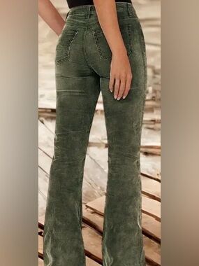Flamingals Stitch Detail Mid Waist Bootcut Jeans in Green